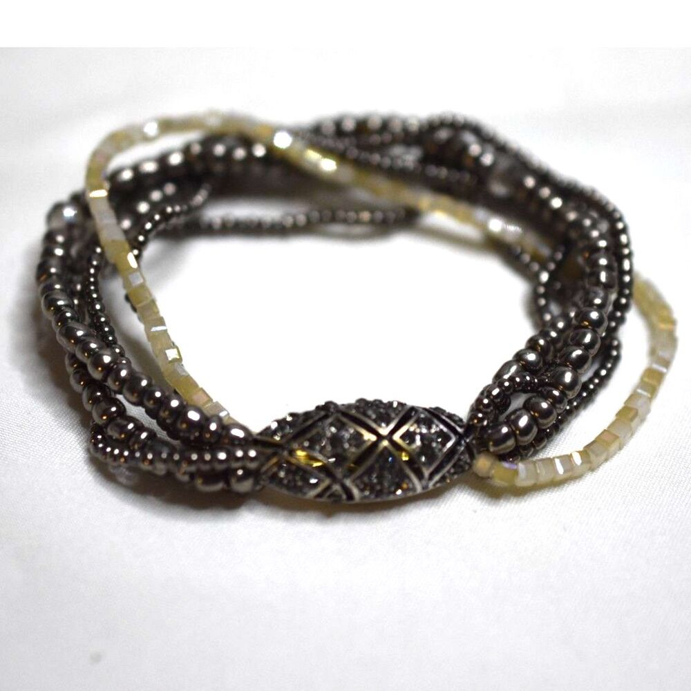 NWOT Dark Metalic/Cream Beads/ Textured Metal Center Ball 7" Slip On Bracelet